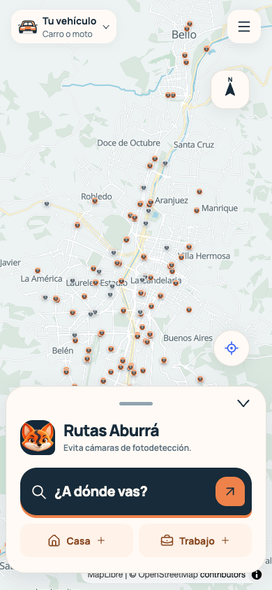 Pantalla real de Rutas Aburrá: mapa de Medellín, cámaras individuales, búsqueda de destino y favoritos Casa y Trabajo.